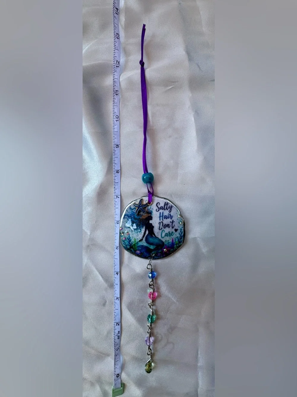 Blue & Green Decoupage Mermaid Crystal Sand Dollar Suncatcher